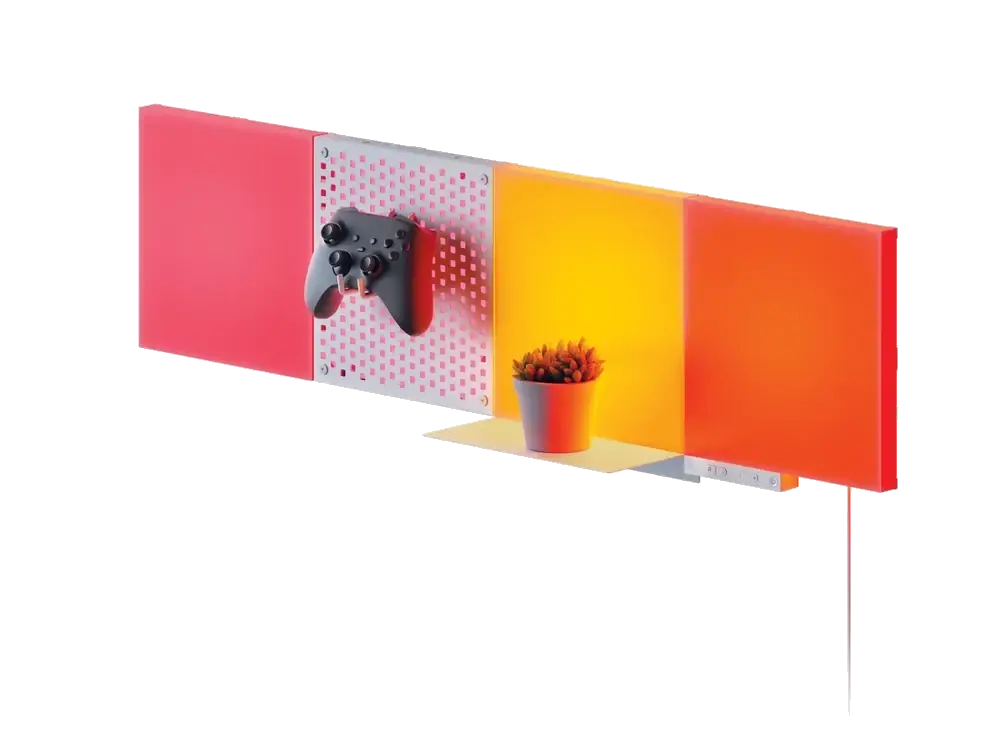 Nanoleaf Blocks modular wall panels with a pegboard, shelf, controller, and gaming controller