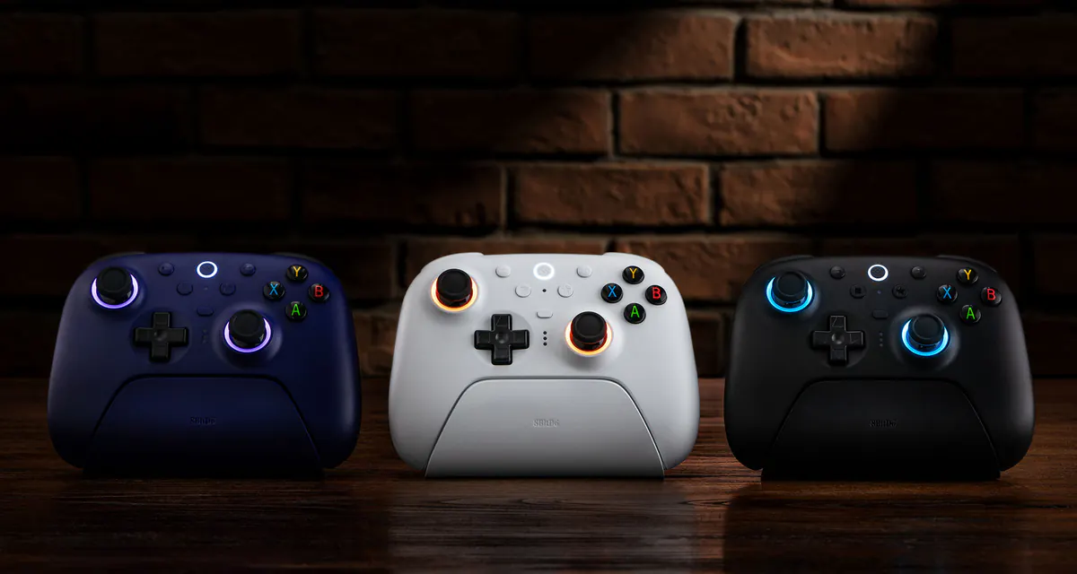 8BitDo Ultimate 2 Wireless Controller color lineup on dark brick background