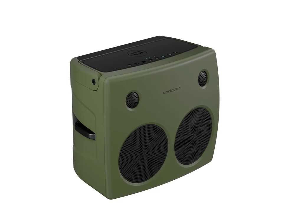 Andover Audio FreePlay portable hi-fi speaker in olive side angle