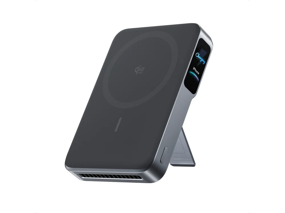 Anker MagGo 2 Pro Magnetic Power Bank in black with Qi2 charging ring and side display