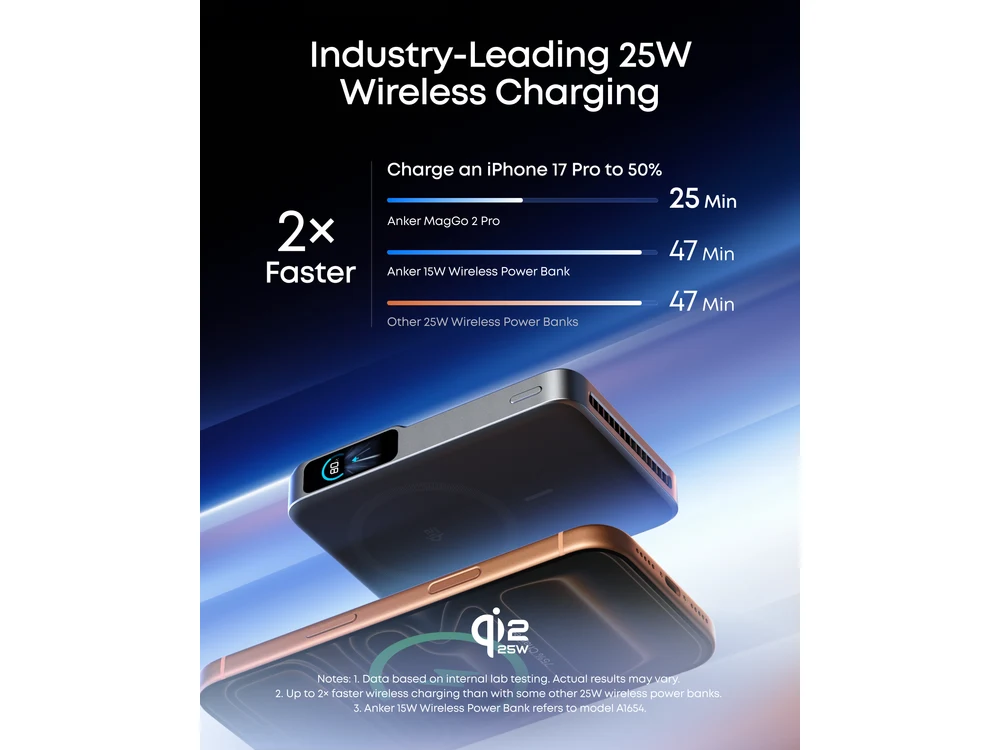 Anker MagGo 2 Pro Magnetic Power Bank angled to show its slim body and stand