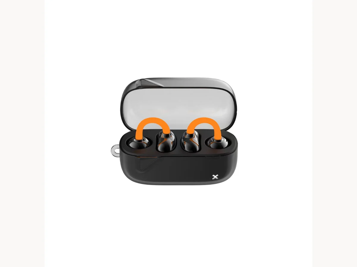 ATECH Clip-On Air Conduction Buds in their charging case