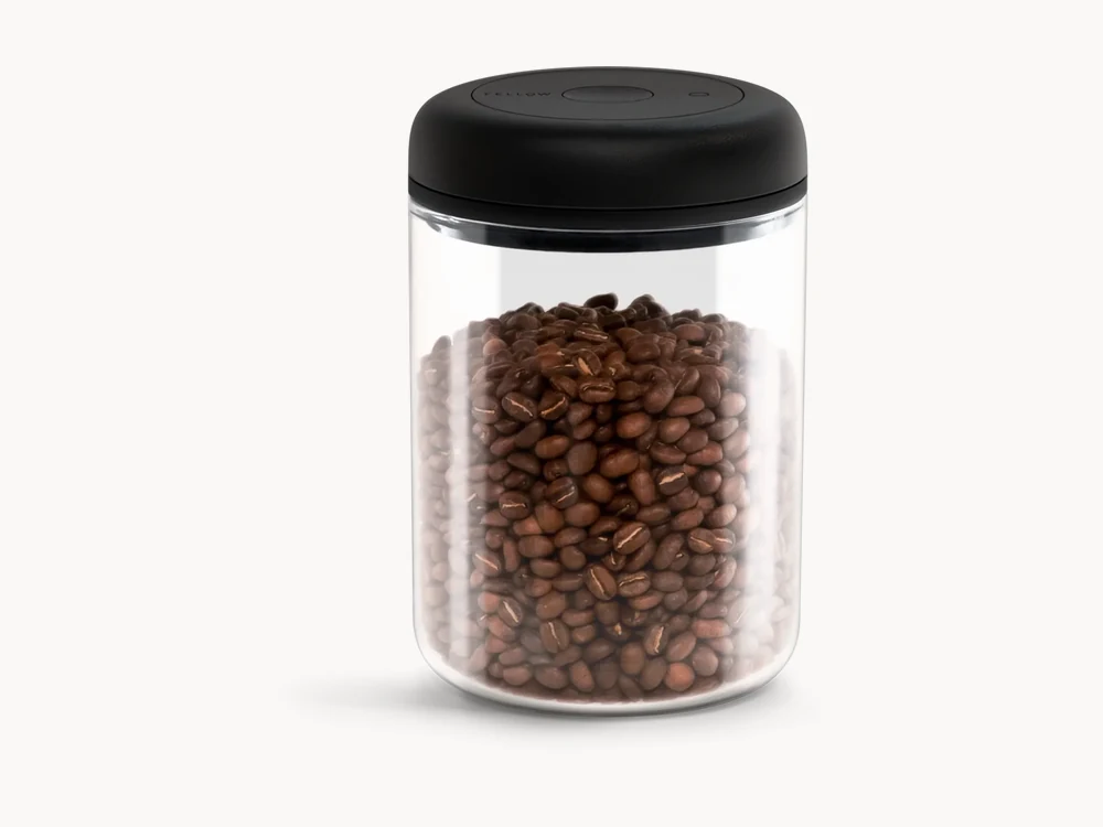 Fellow Atmos Vacuum Canister clear glass 1.2 liter size with coffee beans