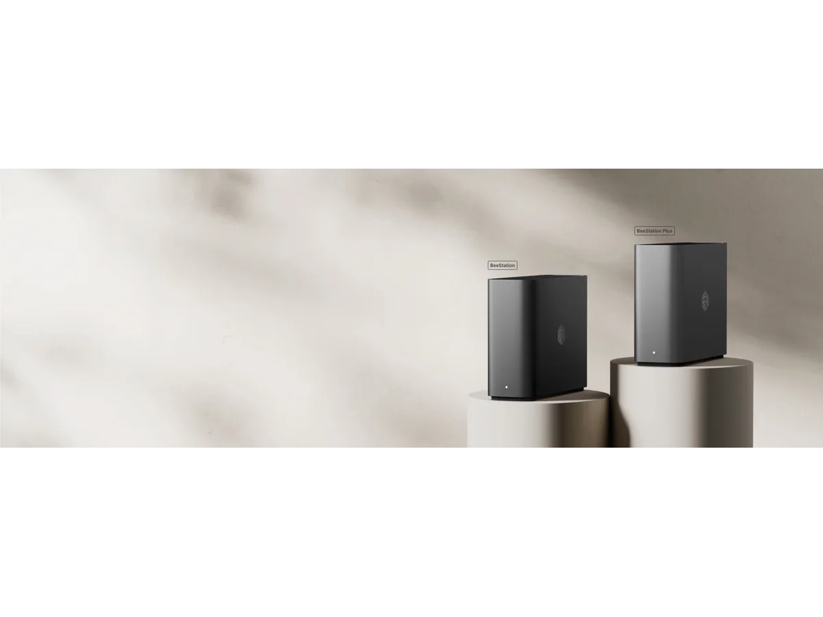 Synology BeeStation devices staged on a minimal surface