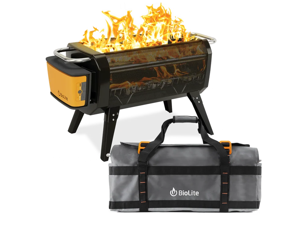 BioLite FirePit+ smokeless fire pit with flames and carry bag