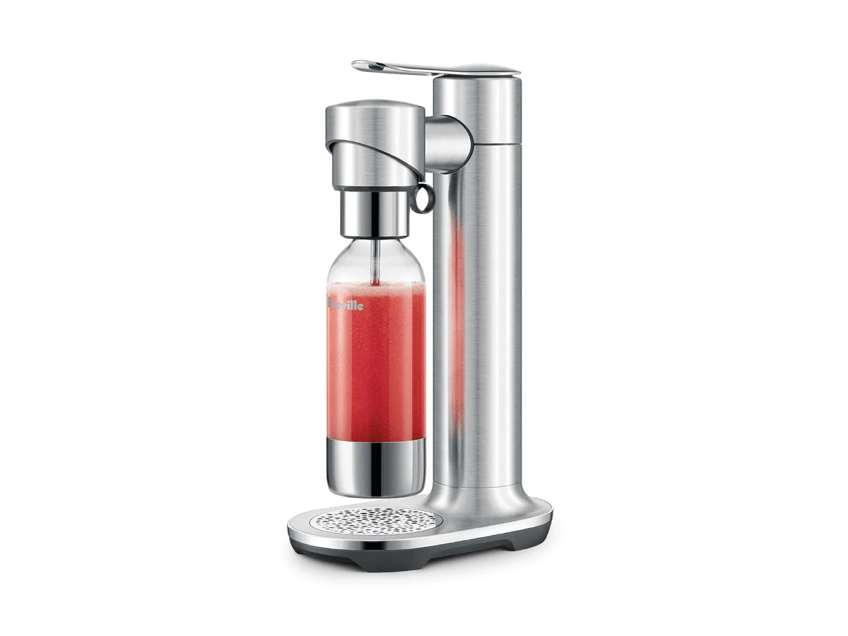 Breville InFizz Fusion stainless steel carbonator with red drink bottle