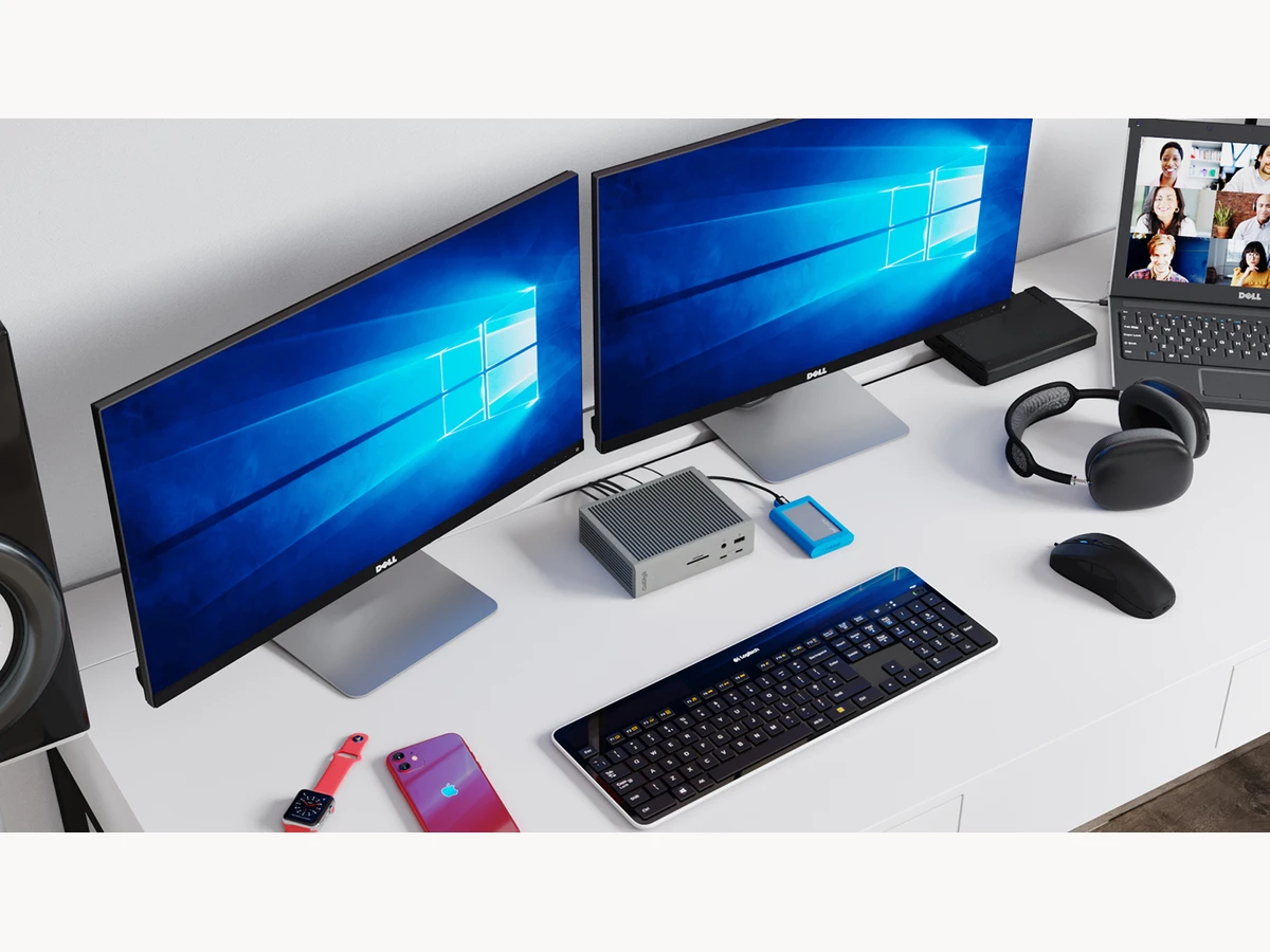 CalDigit Thunderbolt Station 4 connected to a laptop and dual monitors