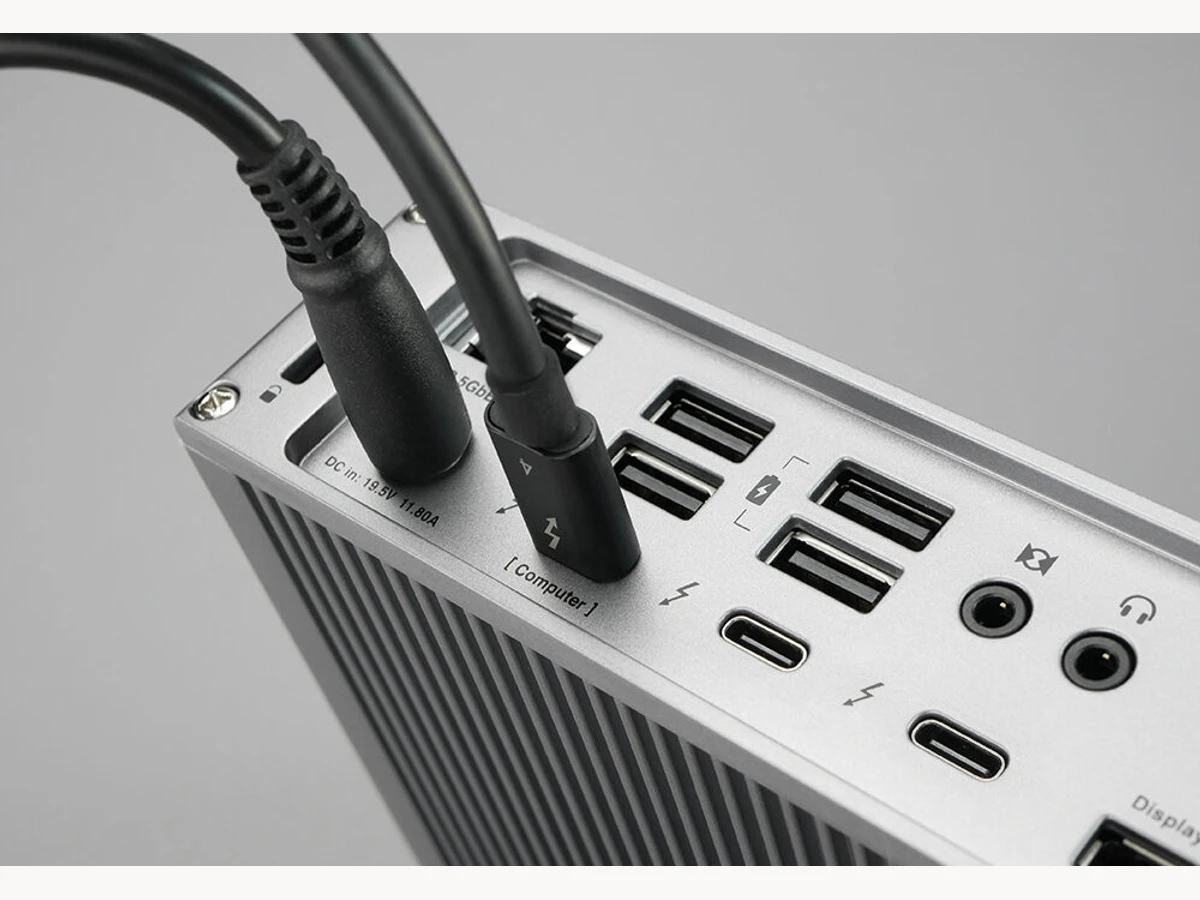 Close view of CalDigit Thunderbolt Station 4 ports with cables attached