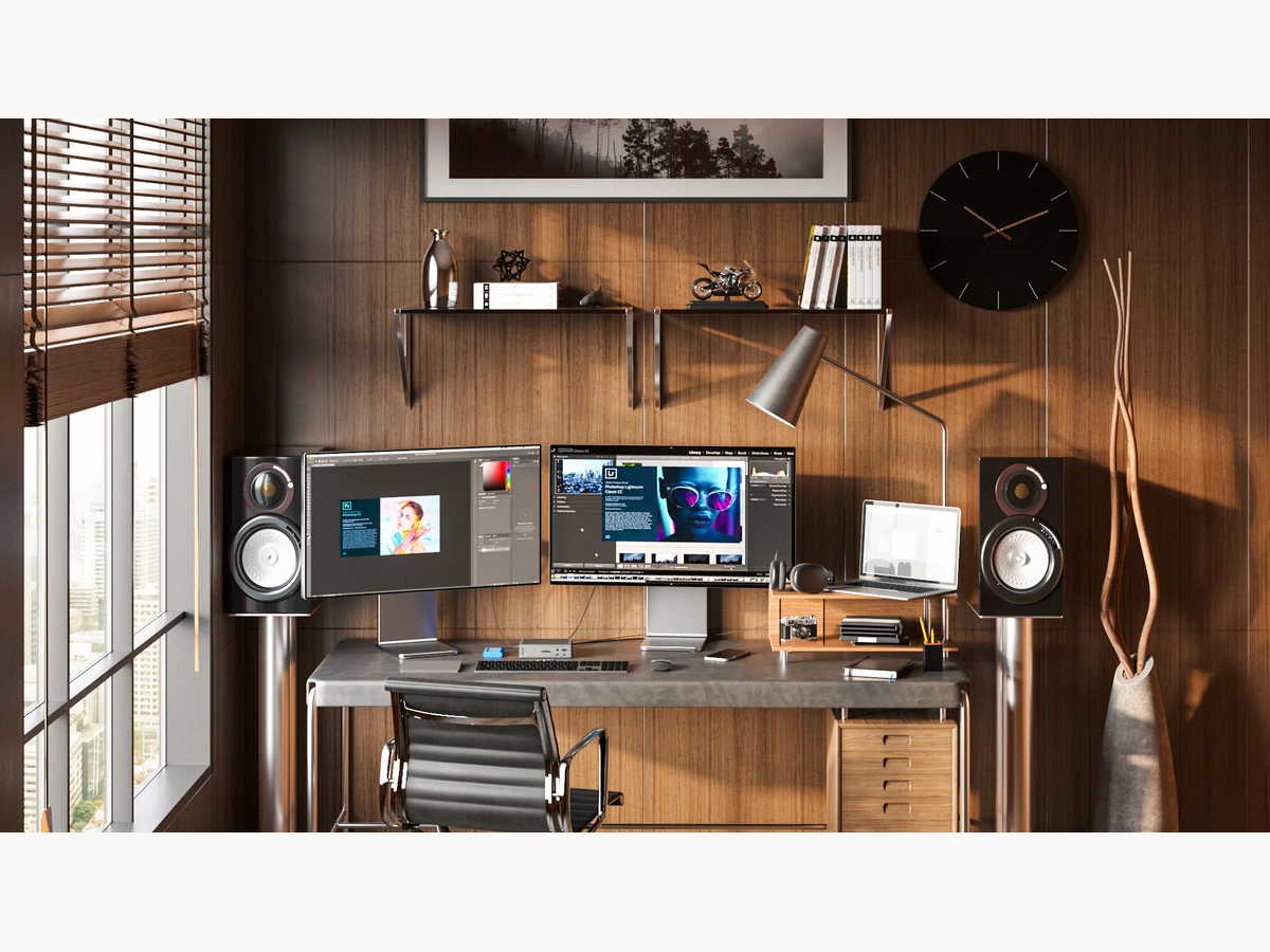 Full desk setup with CalDigit Thunderbolt Station 4 powering multiple displays