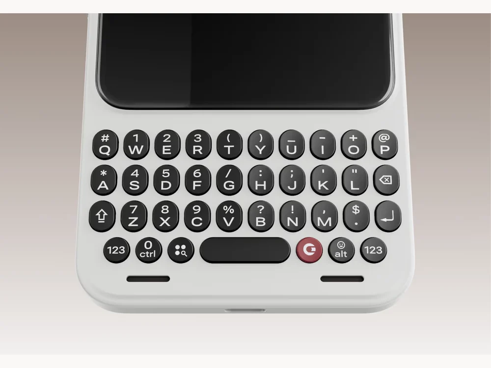 Close-up of the Clicks Communicator physical keyboard