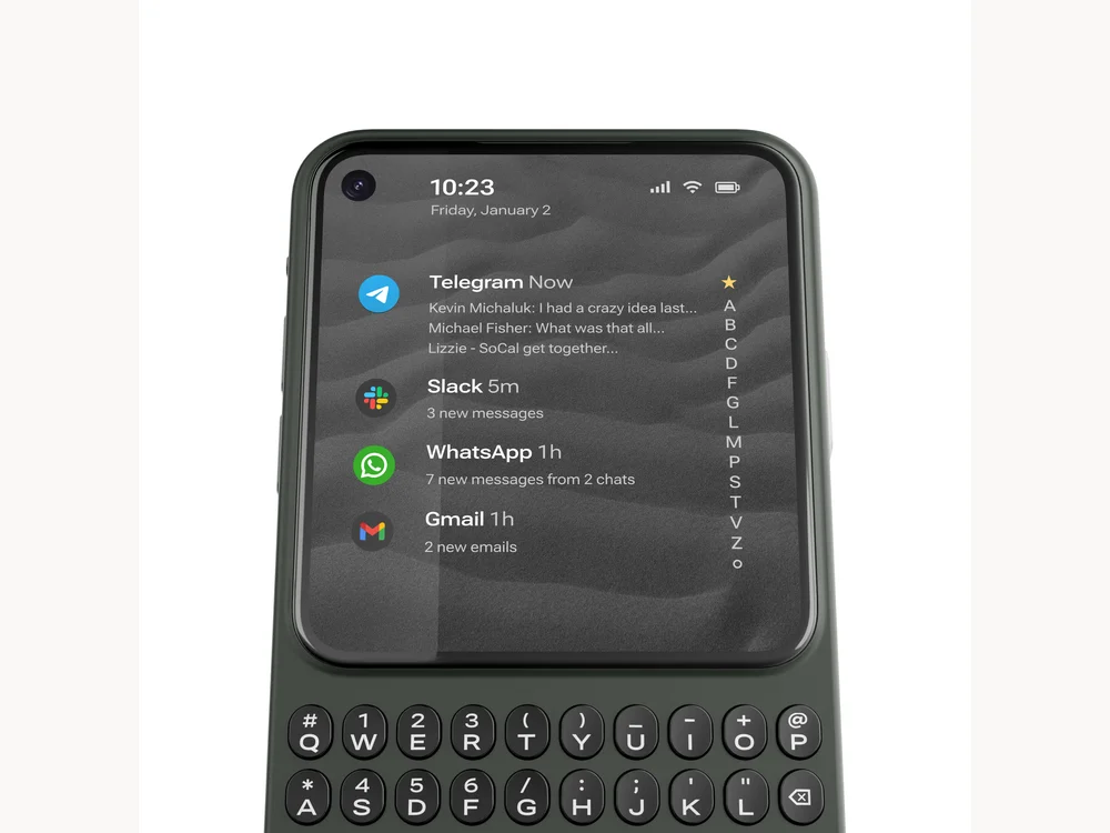 Black Clicks Communicator front product render with messaging screen