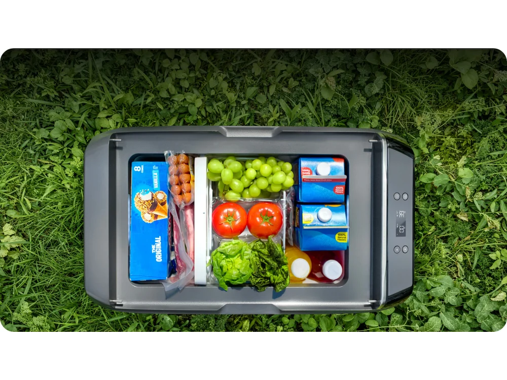 EcoFlow GLACIER Classic Portable Refrigerator opened and filled with food and drinks