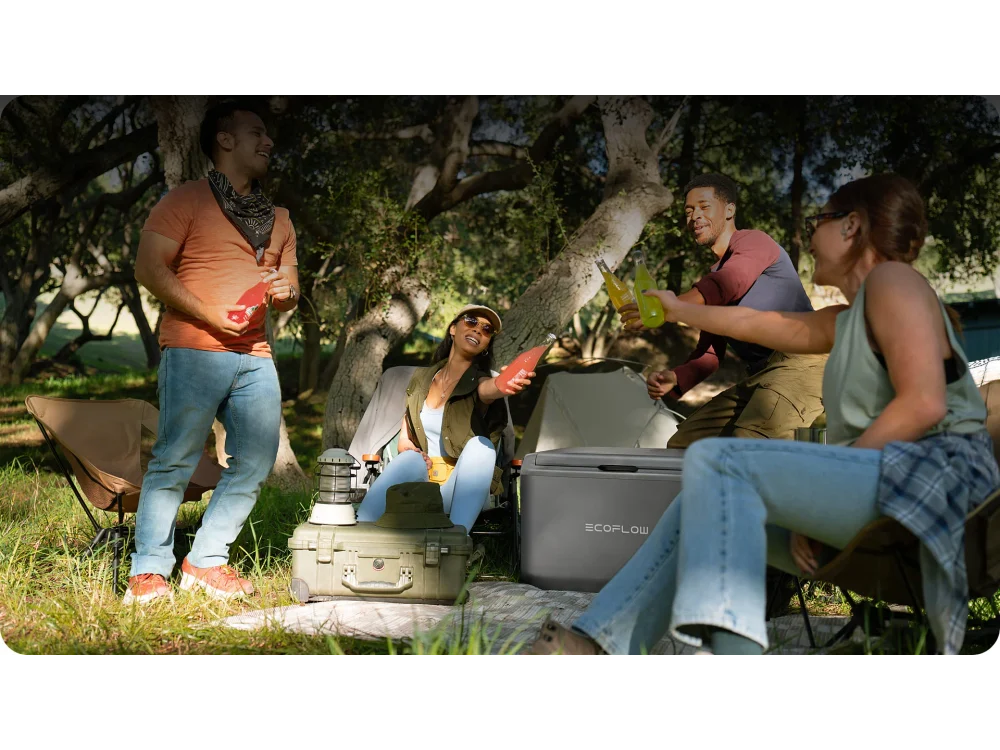 EcoFlow GLACIER Classic Portable Refrigerator used at a campsite with friends