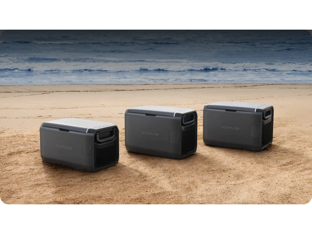 EcoFlow GLACIER Classic Portable Refrigerator size options on a beach