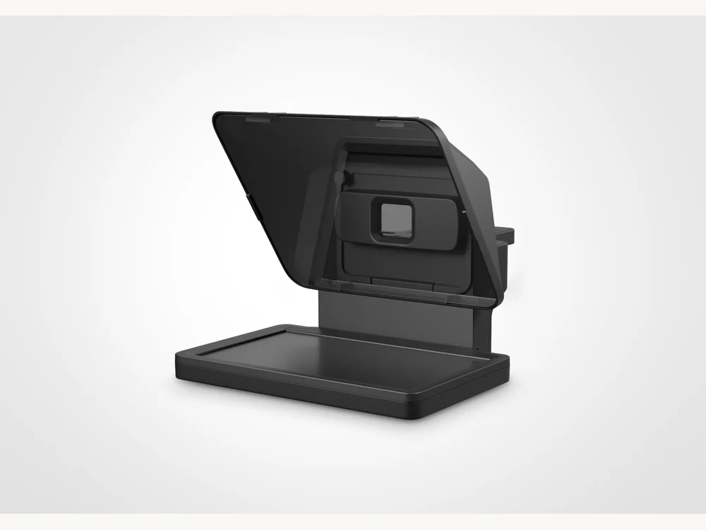 Elgato Prompter mounted in front of a camera on a clean desk