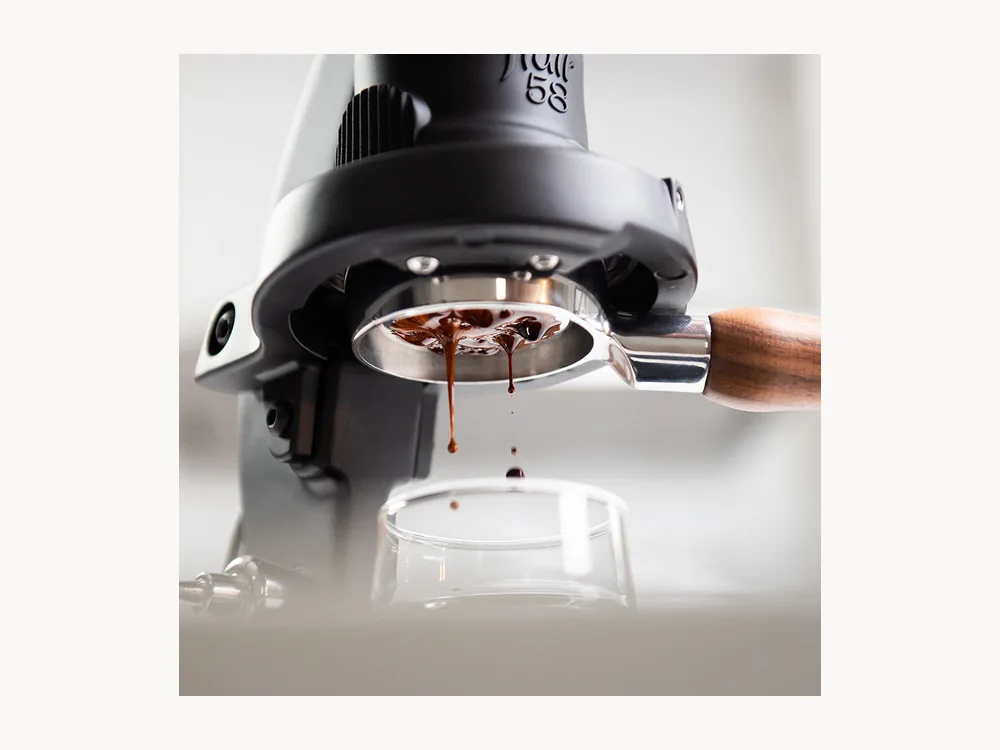 Flair 58 Plus 2 pulling espresso into a glass