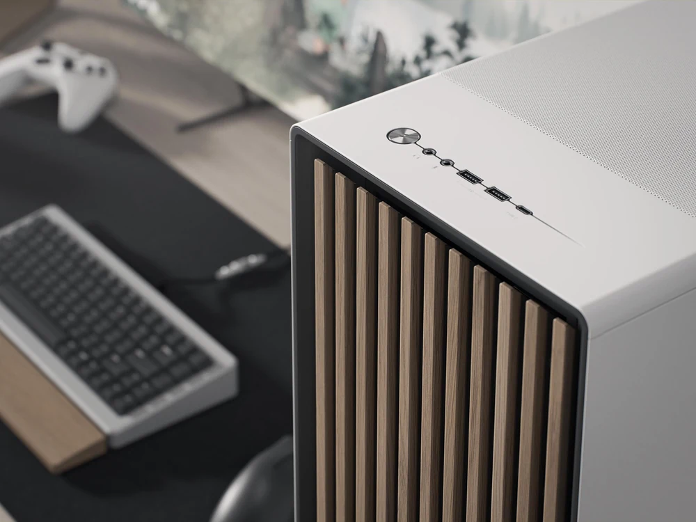 Fractal Design North XL with walnut front in a workspace