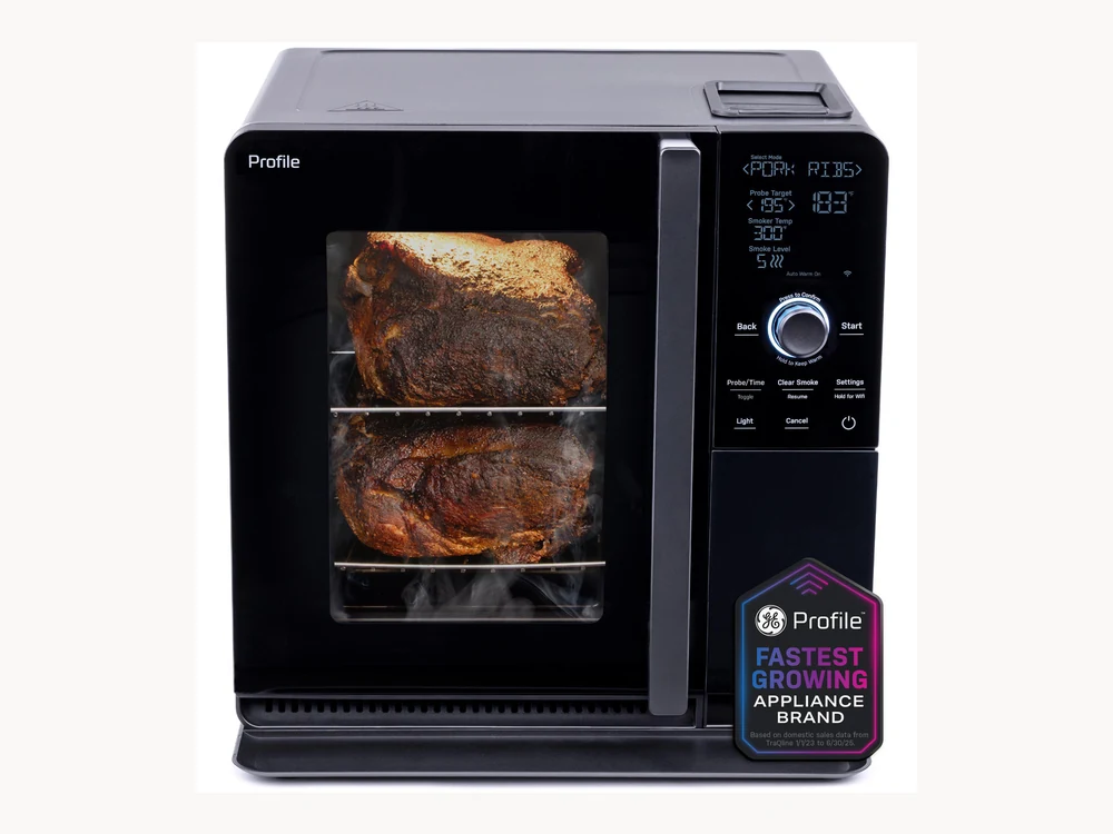 GE Profile Smart Indoor Pellet Smoker front view with food inside