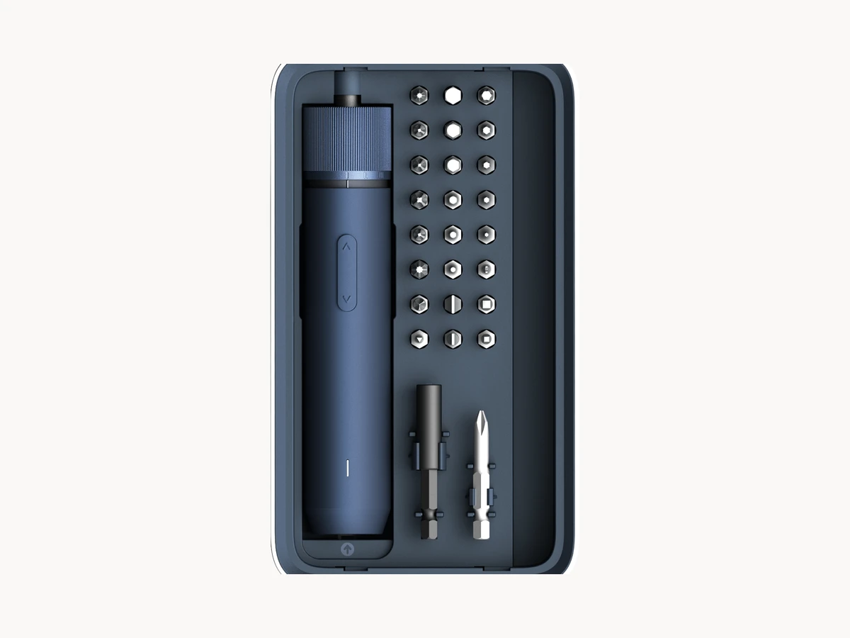 HOTO Electric Screwdriver Kit Pro arranged in its case with bits and screwdriver handle