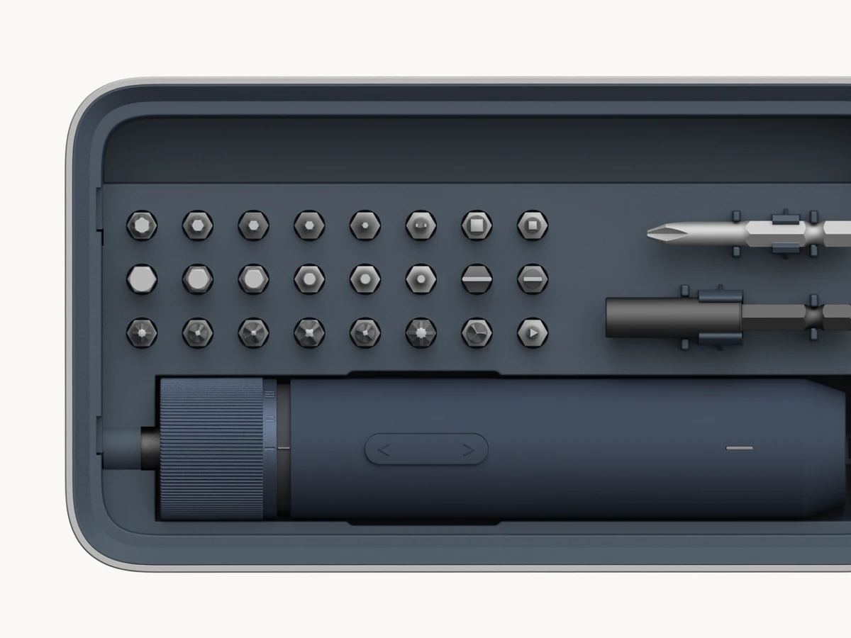 Close view of HOTO Electric Screwdriver Kit Pro bits and handle inside the storage case