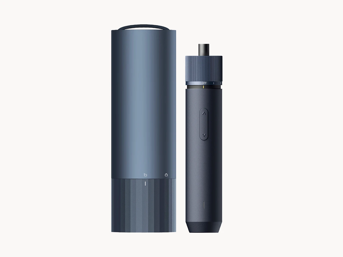 HOTO Electric Screwdriver Kit Pro handle shown beside its cylindrical storage case