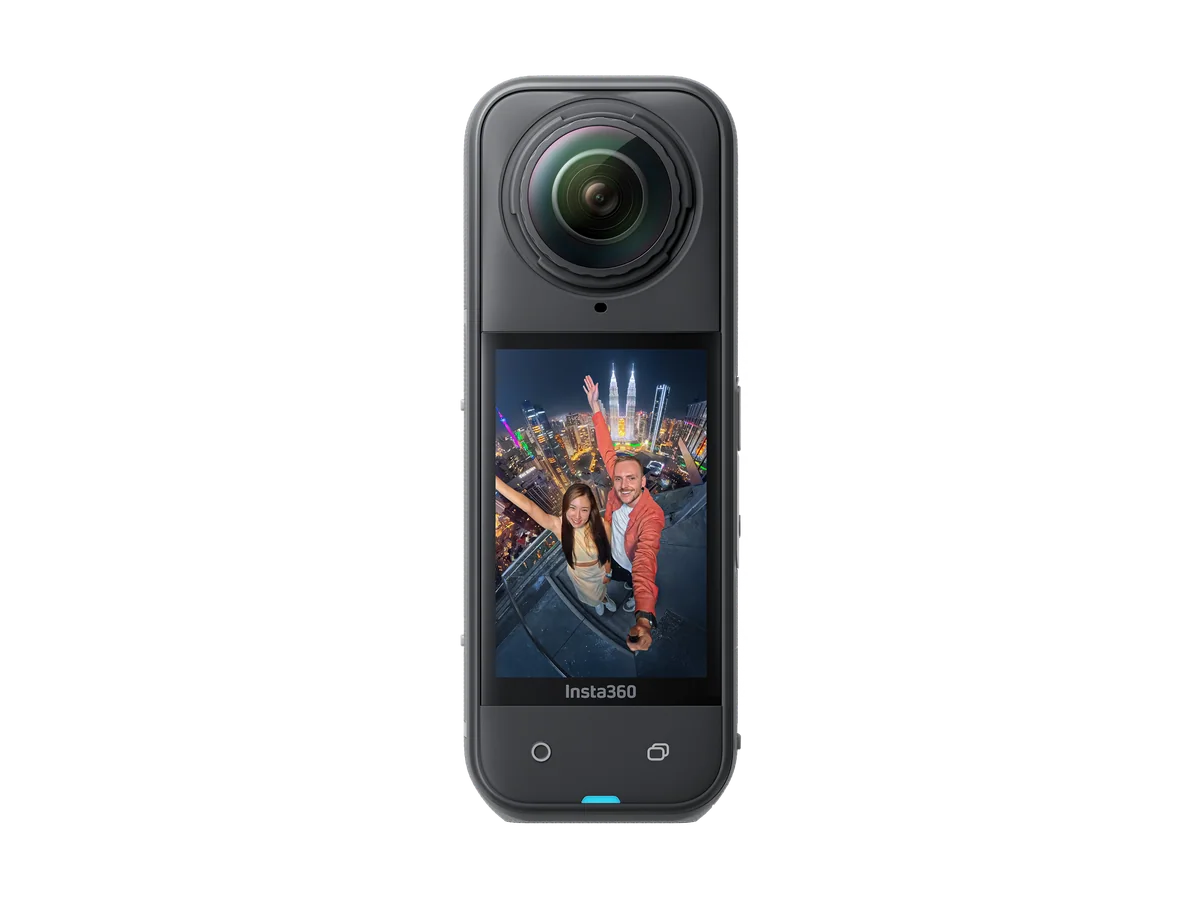 Insta360 X5 action camera front view on a white background