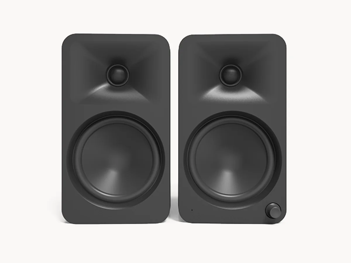 Pair of black Kanto ORA4 speakers front view