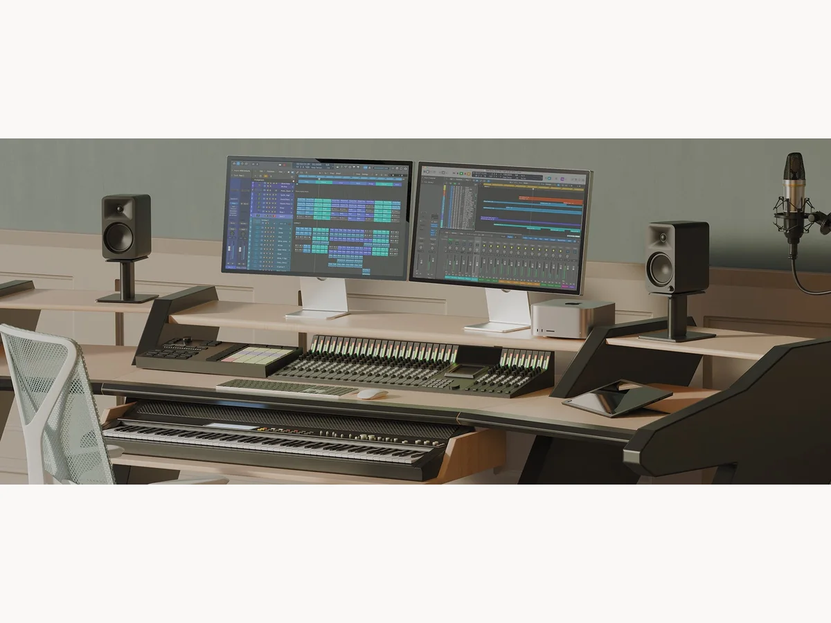 Black Kanto ORA4 speakers in a music production desk setup