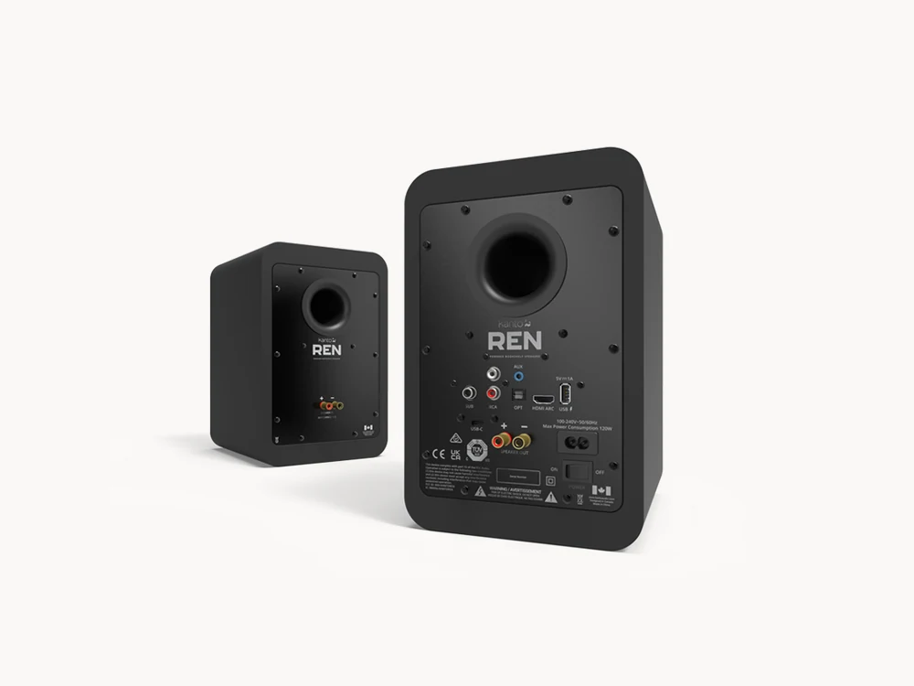 Rear panel of Kanto REN powered speaker showing HDMI ARC and audio inputs