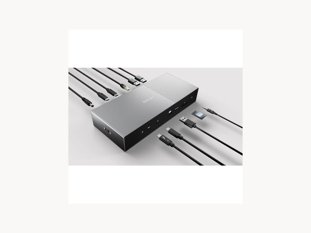 Kensington SD5000T5 EQ Thunderbolt 5 Dock connected to multiple cables