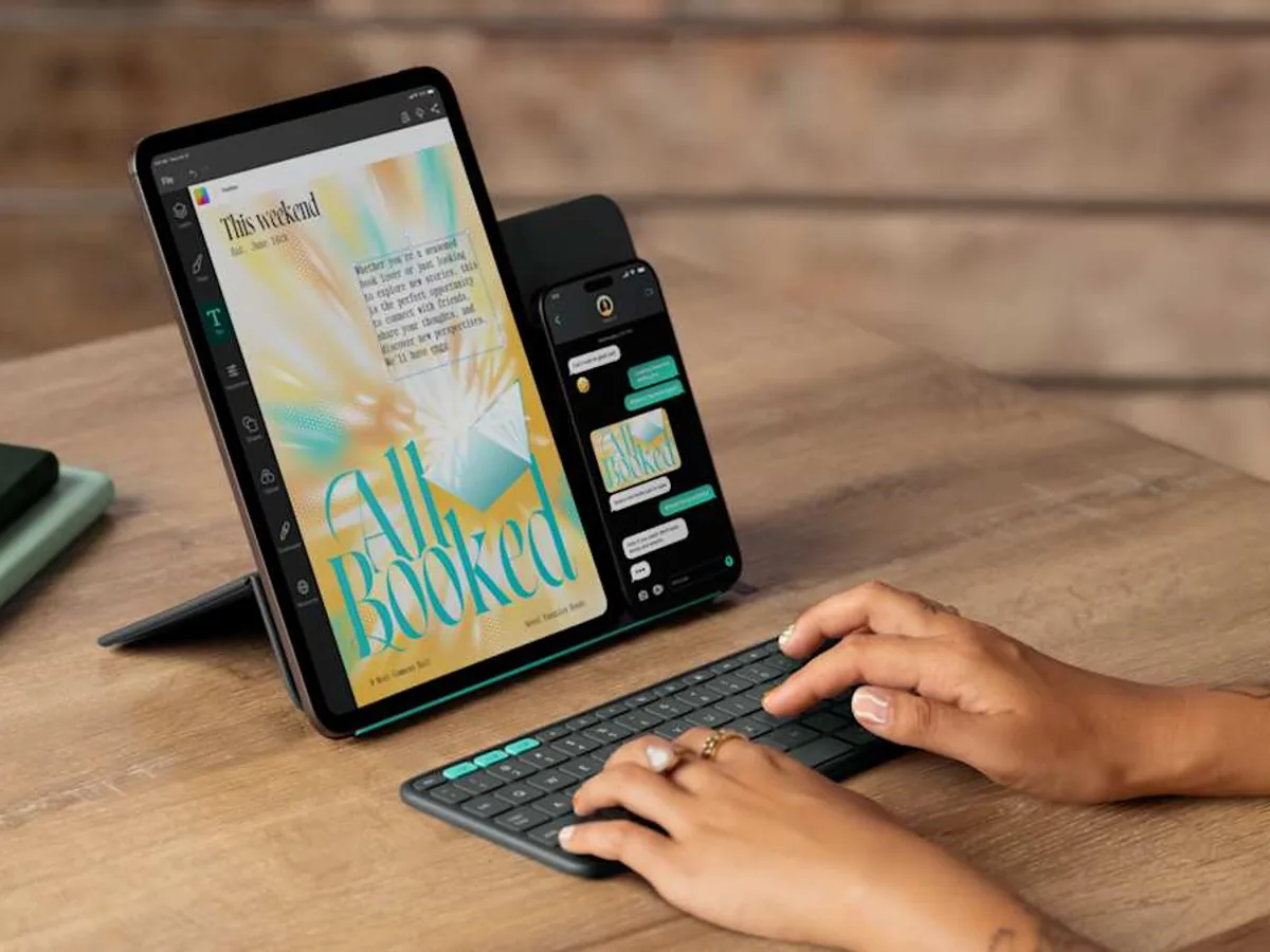 Logitech Flip Folio with iPad and phone on a desk
