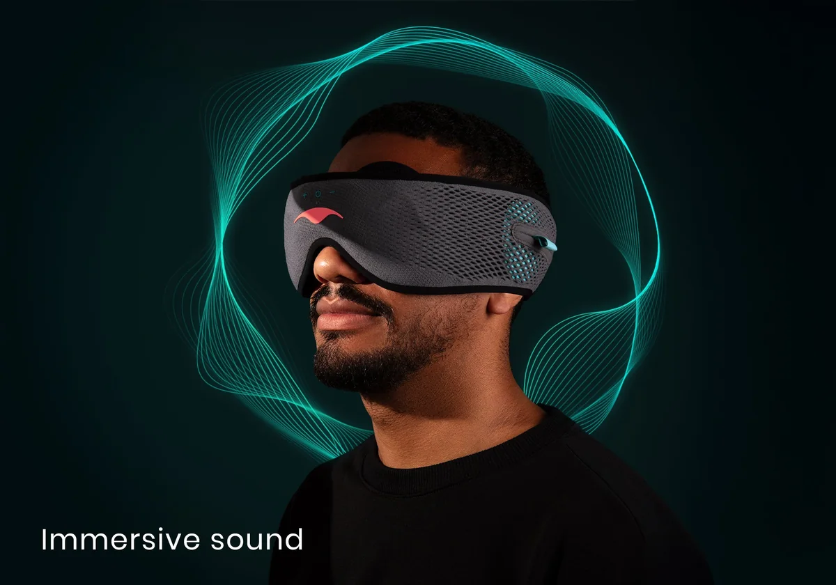Manta SOUND Sleep Mask worn with immersive sound graphic