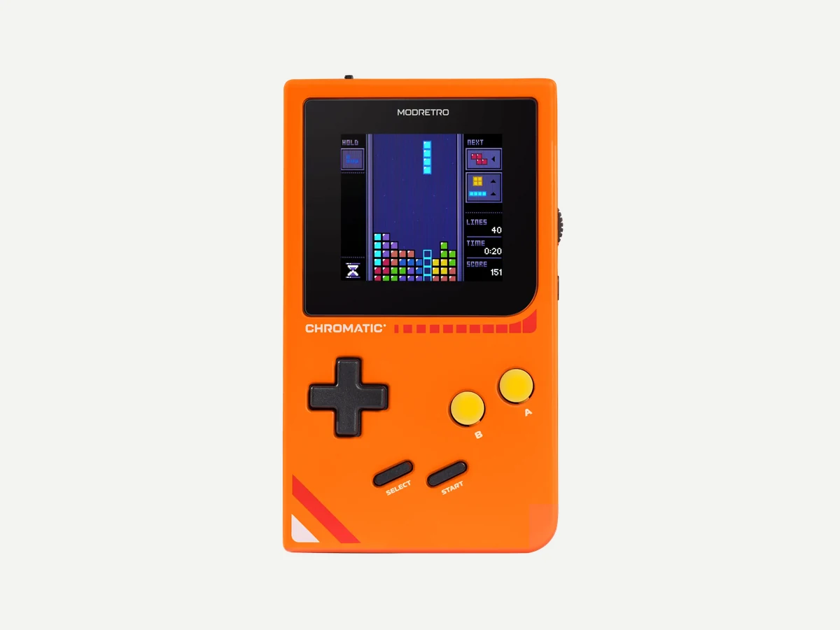 ModRetro Chromatic handheld in Inferno color front view