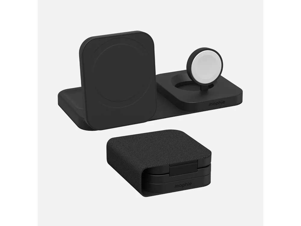 mophie 3-in-1 portable travel charger open beside carrying case