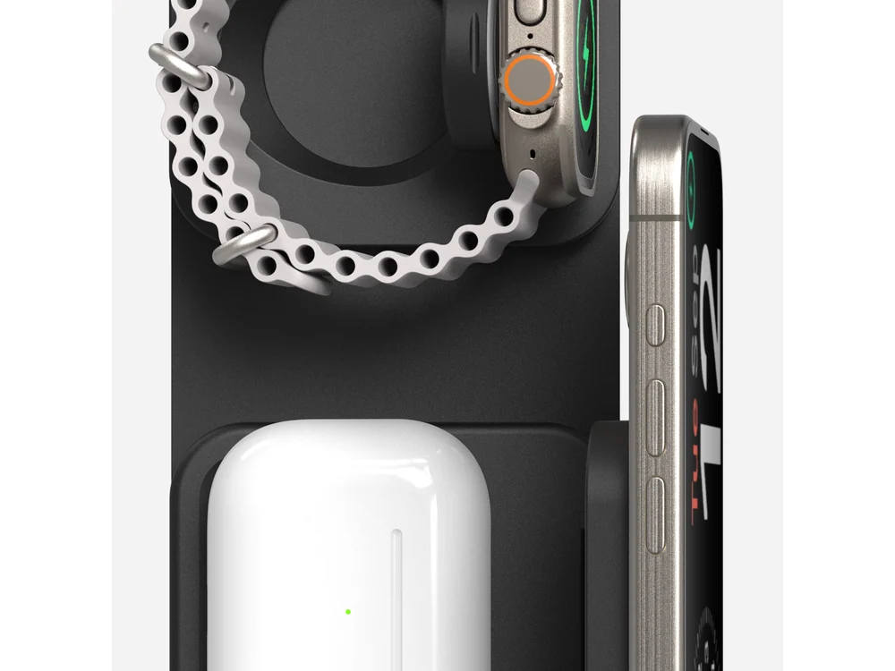 mophie travel charger close-up with iPhone AirPods and Apple Watch positions