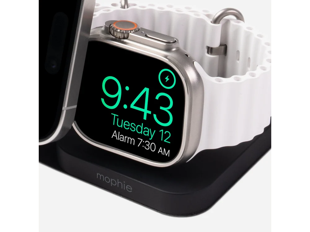mophie travel charger with Apple Watch charging upright