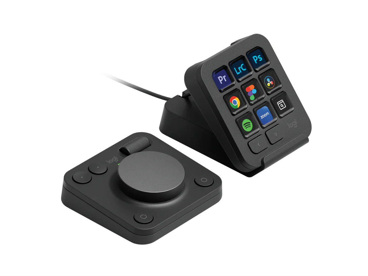 Logitech MX Creative Console angled graphite dial and keypad controller