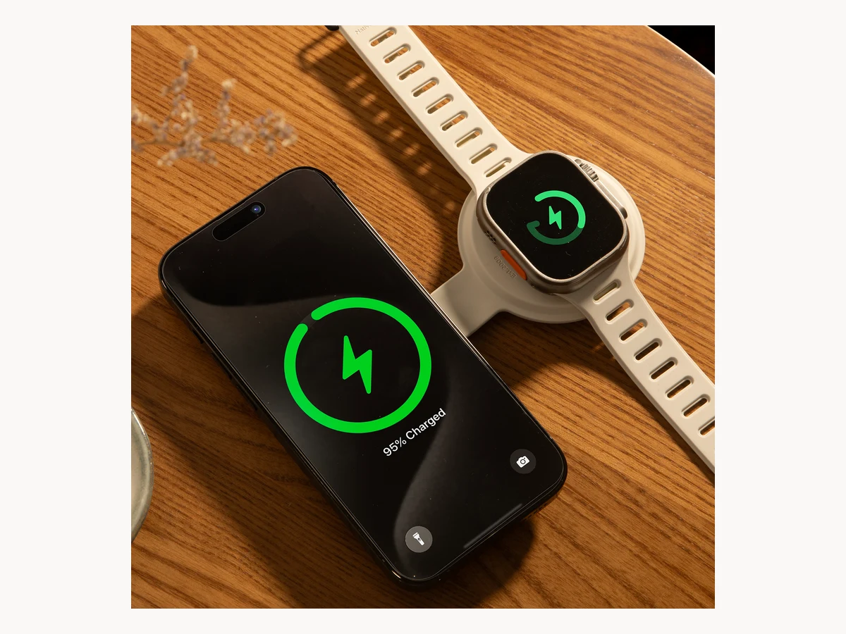 Native Union Voyage charging an iPhone and Apple Watch on a desk