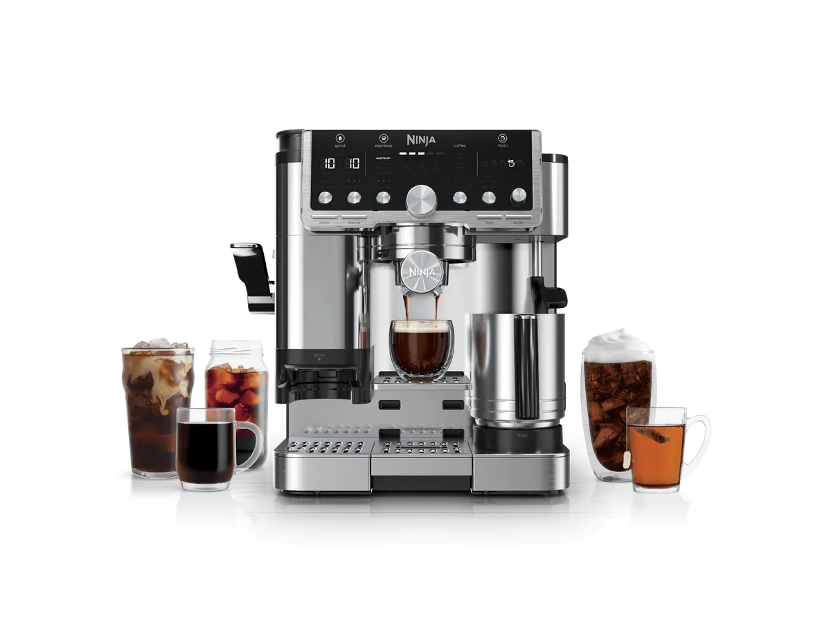 Ninja Luxe Café Pro Series coffee machine with drinks around it