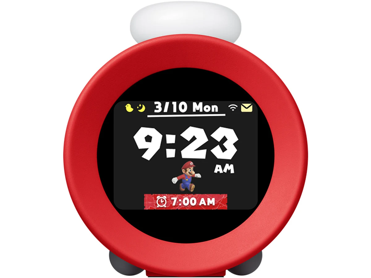 Nintendo Sound Clock Alarmo front view showing a Mario alarm screen