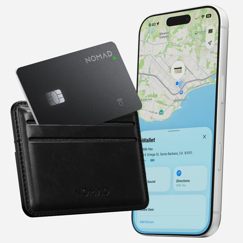 Nomad Tracking Card Pro with wallet and iPhone Find My map