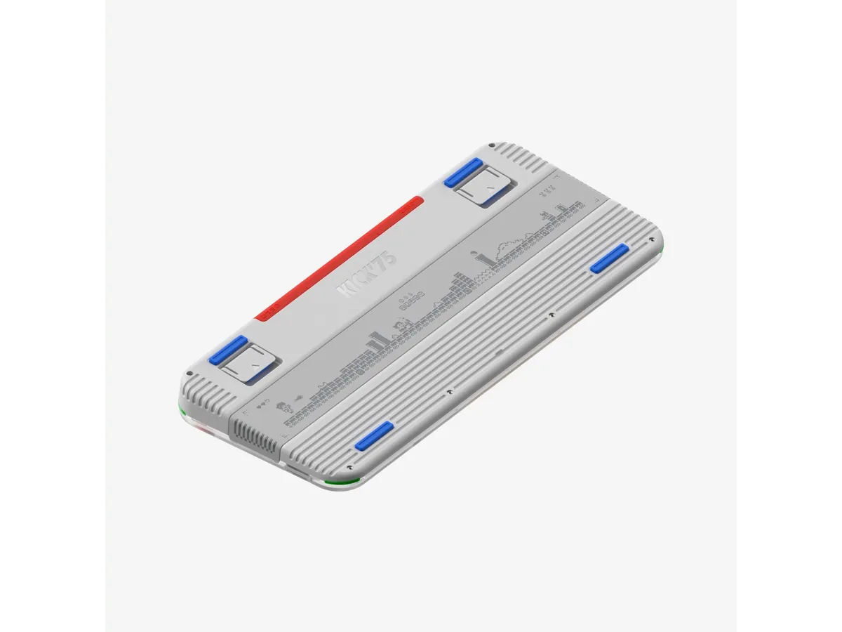 NuPhy Kick75 underside with translucent case and retro pixel graphics