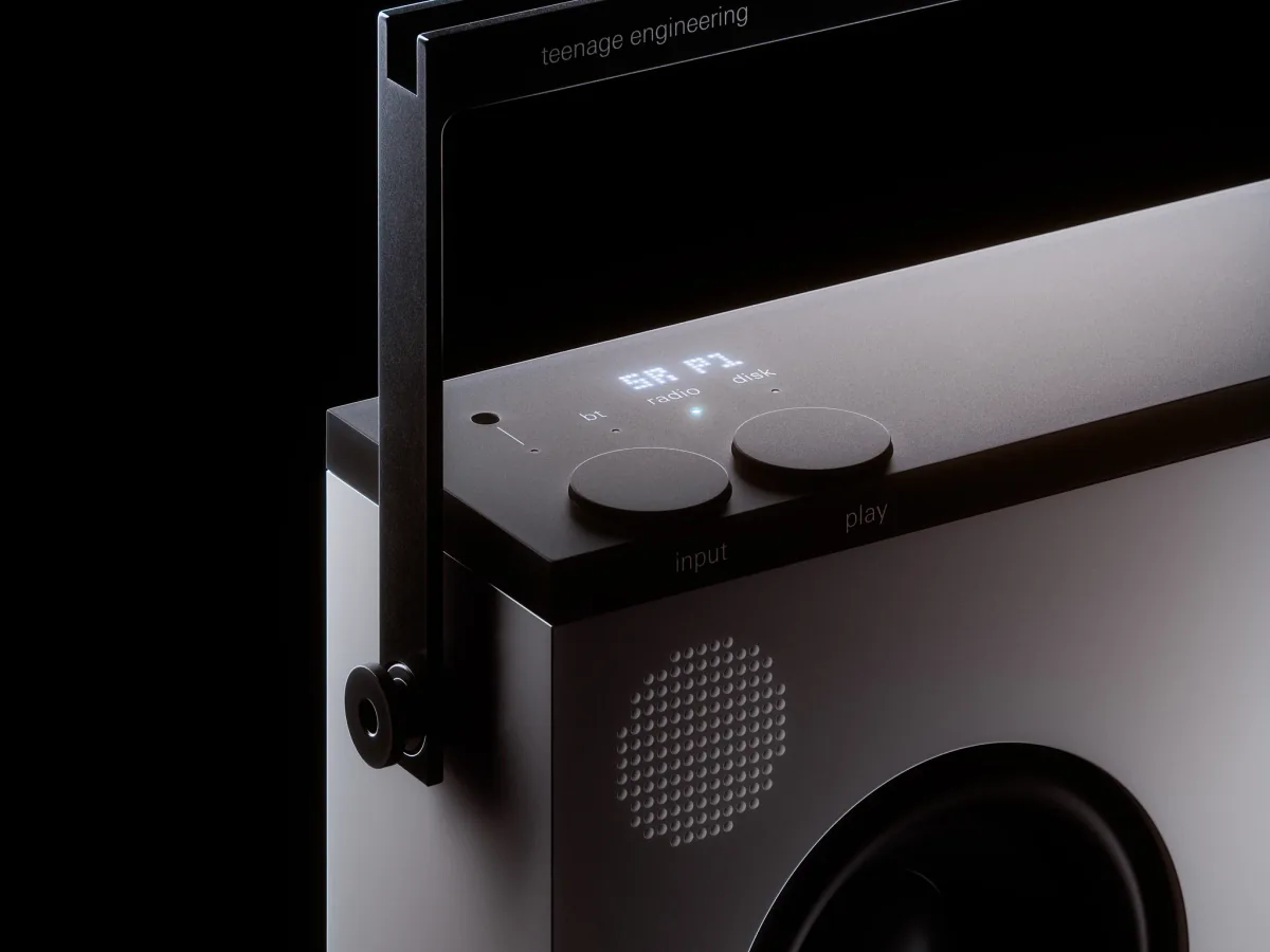 Close-up of the Teenage Engineering OB-4 Magic Radio speaker driver and controls