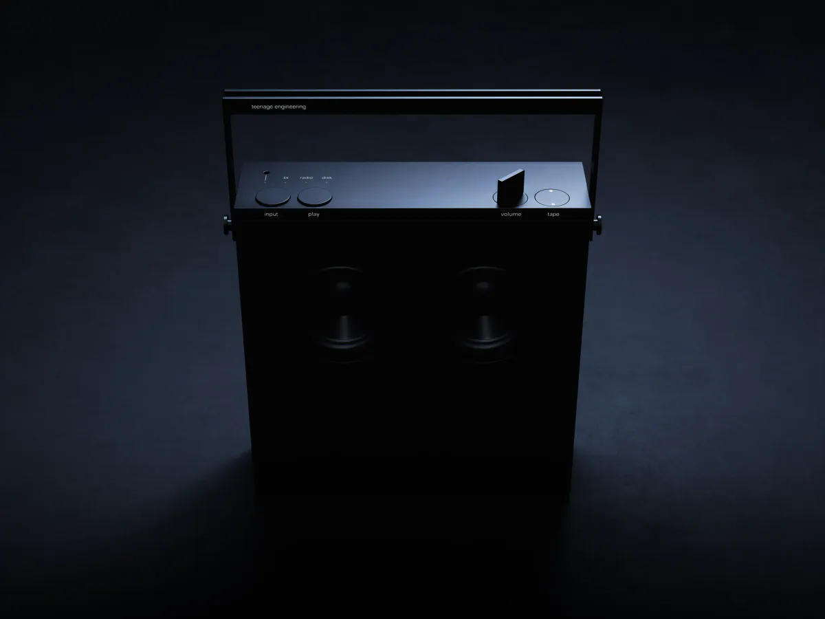 Teenage Engineering OB-4 Magic Radio in a dark lifestyle product scene