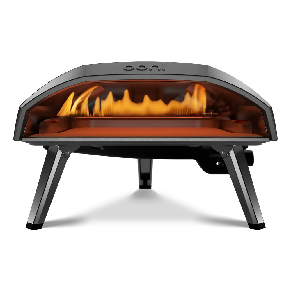 Ooni Koda 16 Gas Pizza Oven straight-on front view with flame