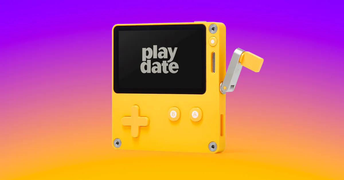 Playdate handheld on a purple-to-orange gradient background