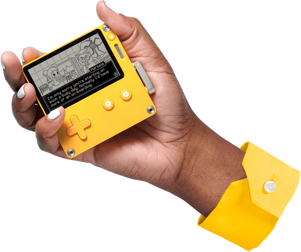 Playdate handheld held in one hand with the crank visible