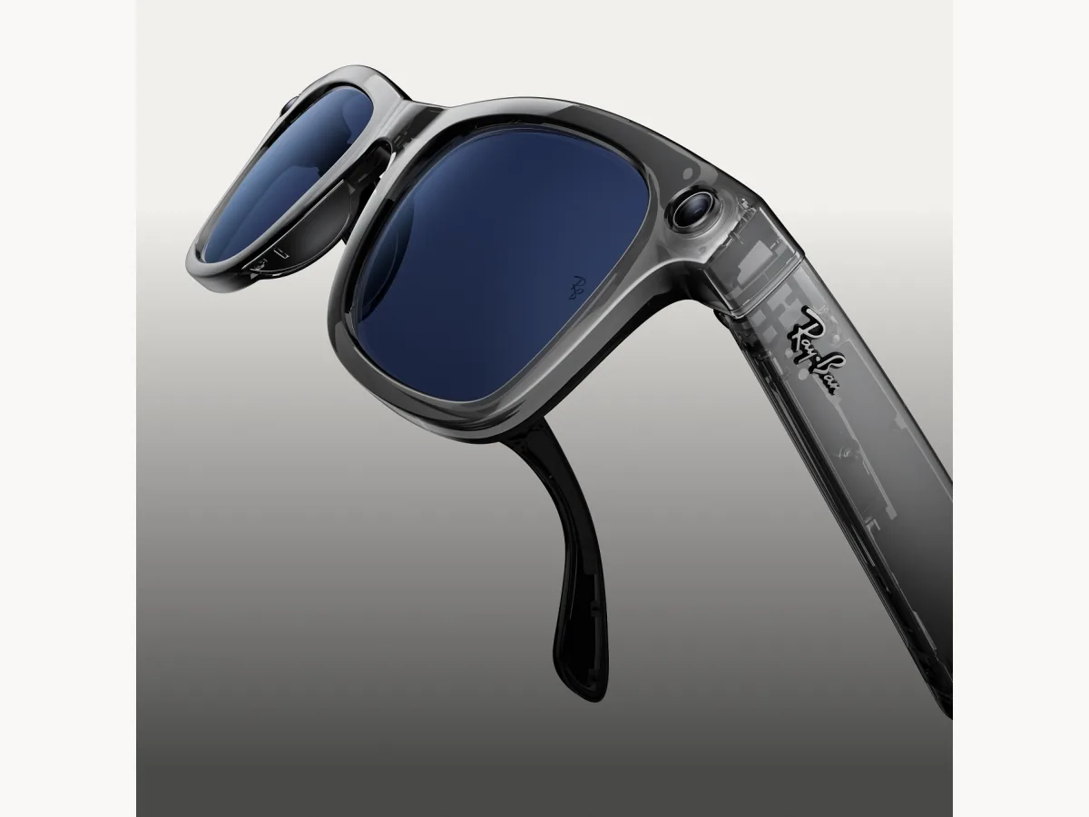 Ray-Ban Meta AI glasses close-up with blue lenses and camera module