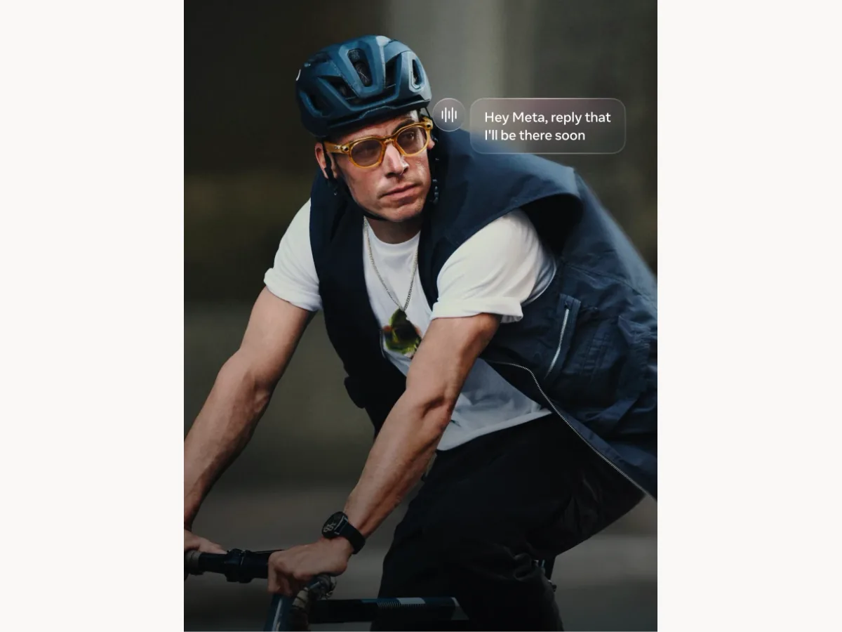 Cyclist wearing Ray-Ban Meta glasses with a simulated message prompt