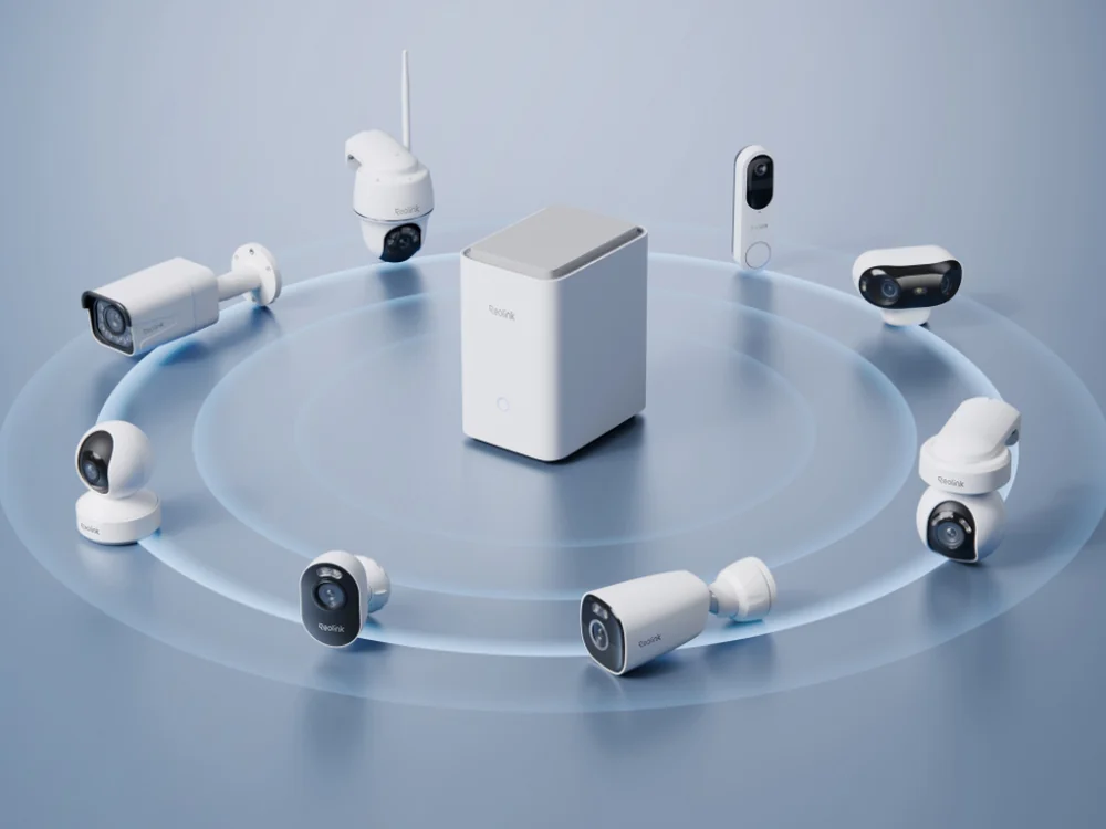 Reolink Home Hub Pro with multiple security cameras around it